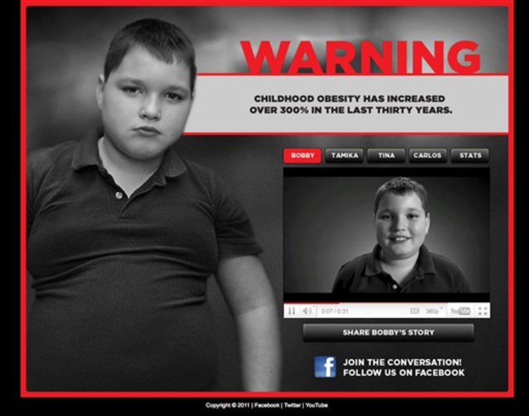 ** ADVANCE FOR USE MONDAY, MAY 2, 2011 AND THEREAFTER ** This image made Thursday, April 21, 2011 shows a page from the website www.stopchildhoodobesity.com. The advertisement, part of a \"Stop Child Obesity\" campaign in Georgia, won some enthusiastic praise for their attention-grabbing tactics. But they also have outraged parents, activists and academics who feel the result is more stigma for an already beleaguered group of children. (AP Photo)